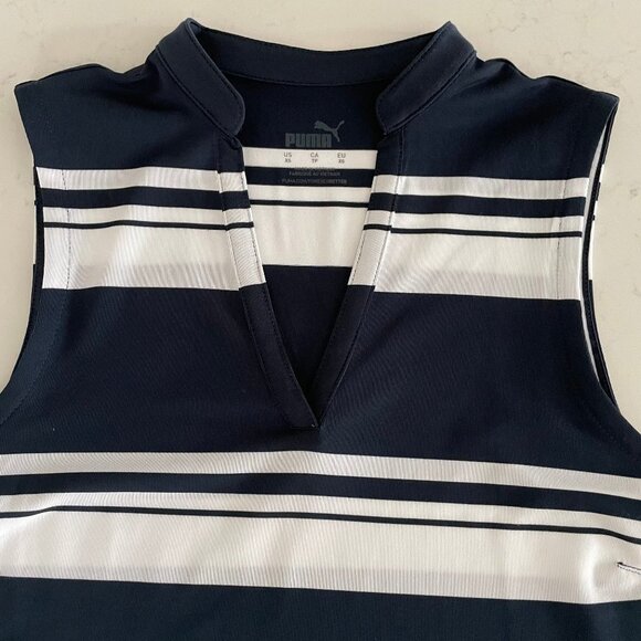 Puma W Cloudspun V Stripe Sleeveless Mandarin Collar Polo Top Navy + White Sz XS - Picture 3 of 9